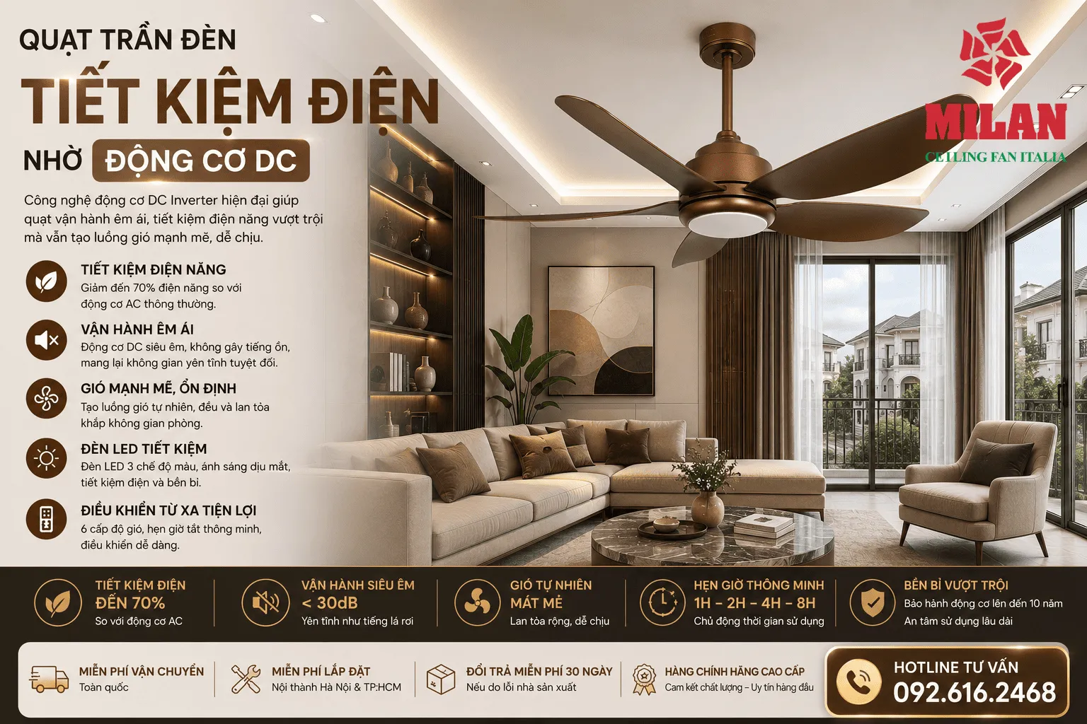 Quạt Trần Đèn Tiết Kiệm Điện Nhờ Động Cơ DC
